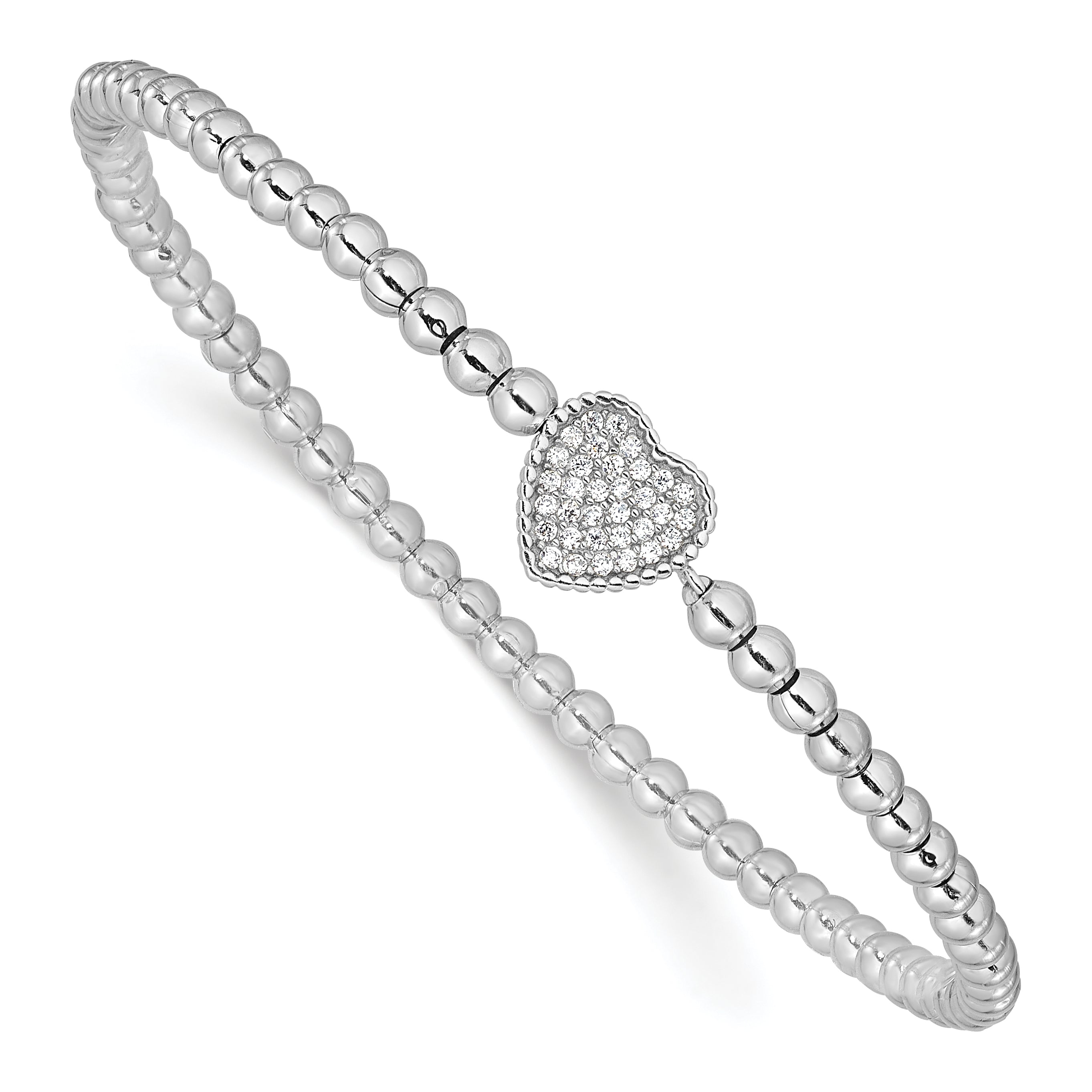 7 Inch Sterling Silver Rhodium-Plated Polished Beaded Cz Heart Stretch Bracelet