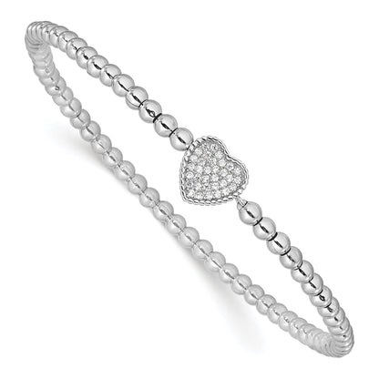 7 Inch Sterling Silver Rhodium-Plated Polished Beaded Cz Heart Stretch Bracelet