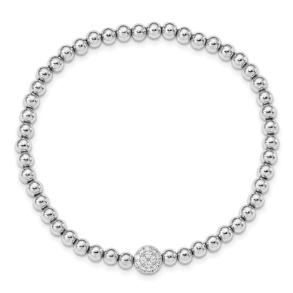 7 Inch Sterling Silver Rhodium-Plated Polished Beaded Cz Stretch Bracelet