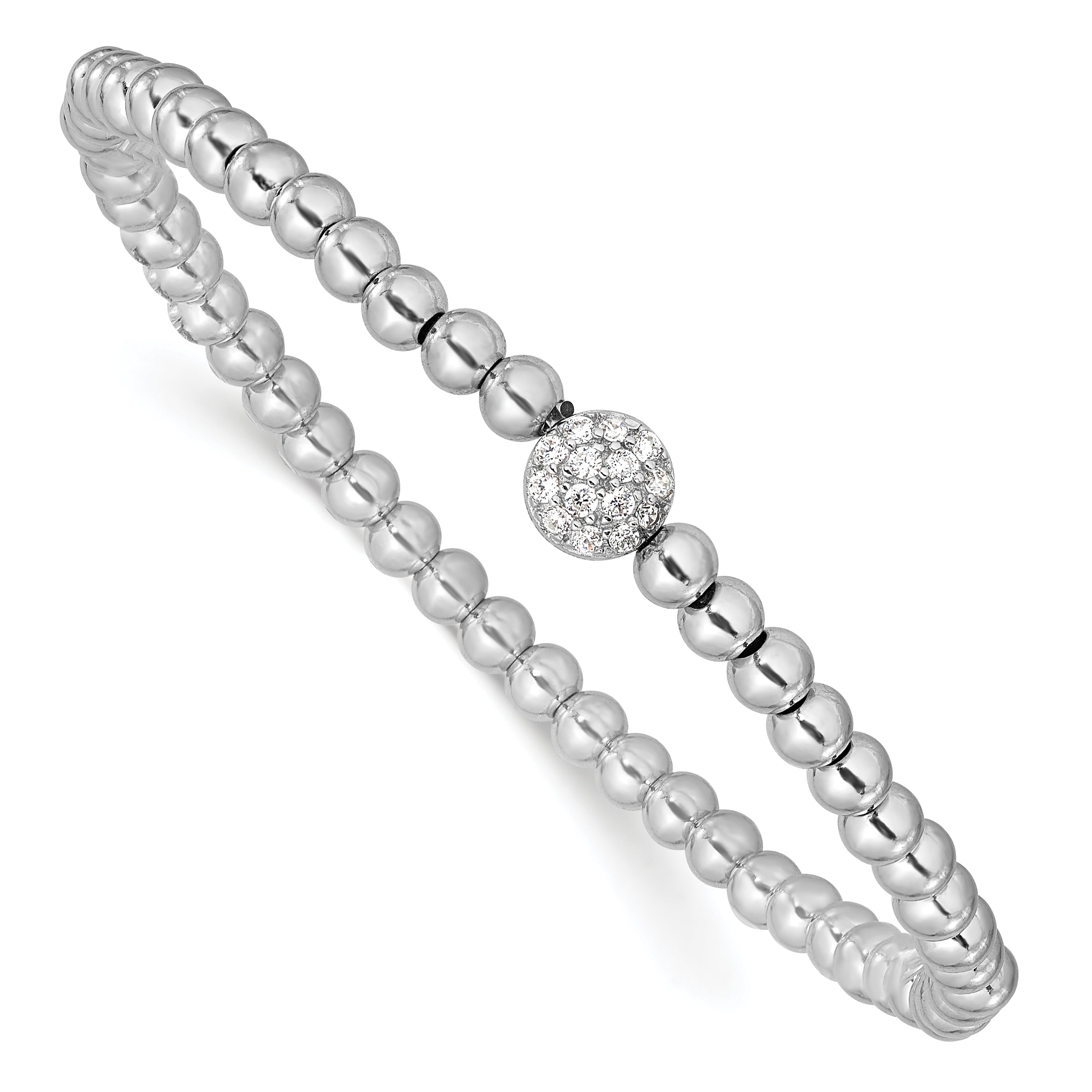 7 Inch Sterling Silver Rhodium-Plated Polished Beaded Cz Stretch Bracelet