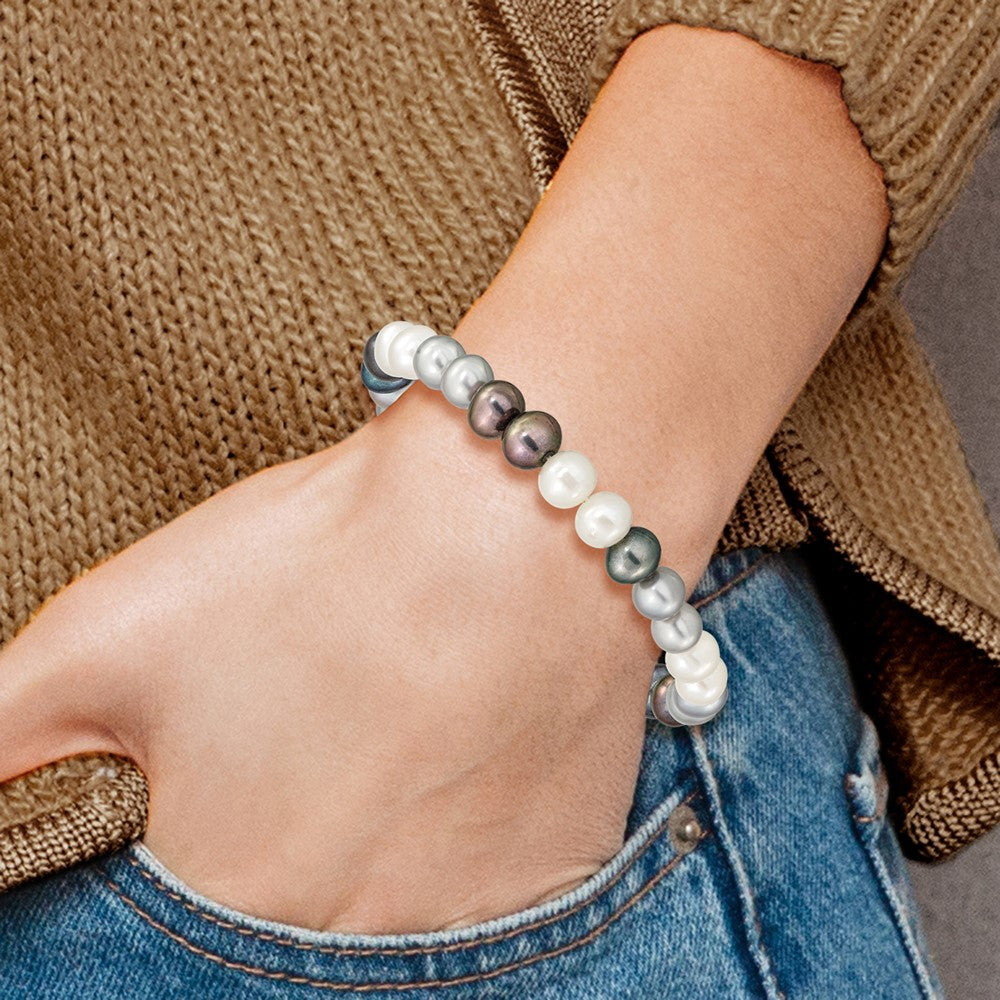 Fashion 6-7mm Black/Grey/White Freshwater Cultured Pearl Stretch Bracelet