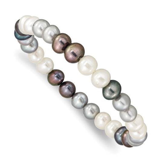 Fashion 6-7mm Black/Grey/White Freshwater Cultured Pearl Stretch Bracelet