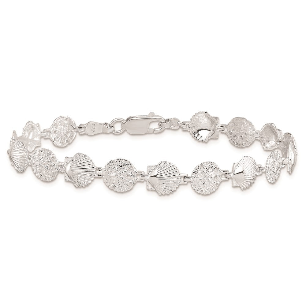 Sterling Silver De-Ani Rhodium-Plated Polished Sand Dollar And Shell 7.25 Inch Bracelet