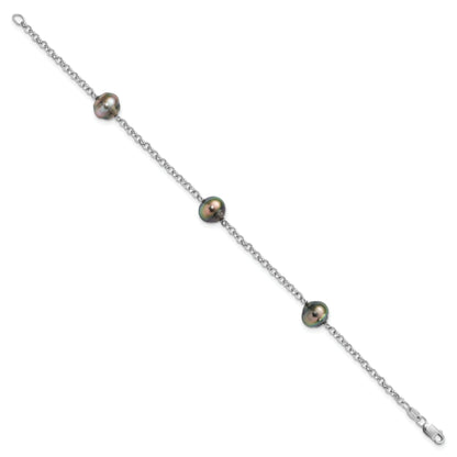 7.5 Inch Sterling Silver Rhodium 8-9mm Baroque 3Stat Tahit Saltwater Pearl Bracelet
