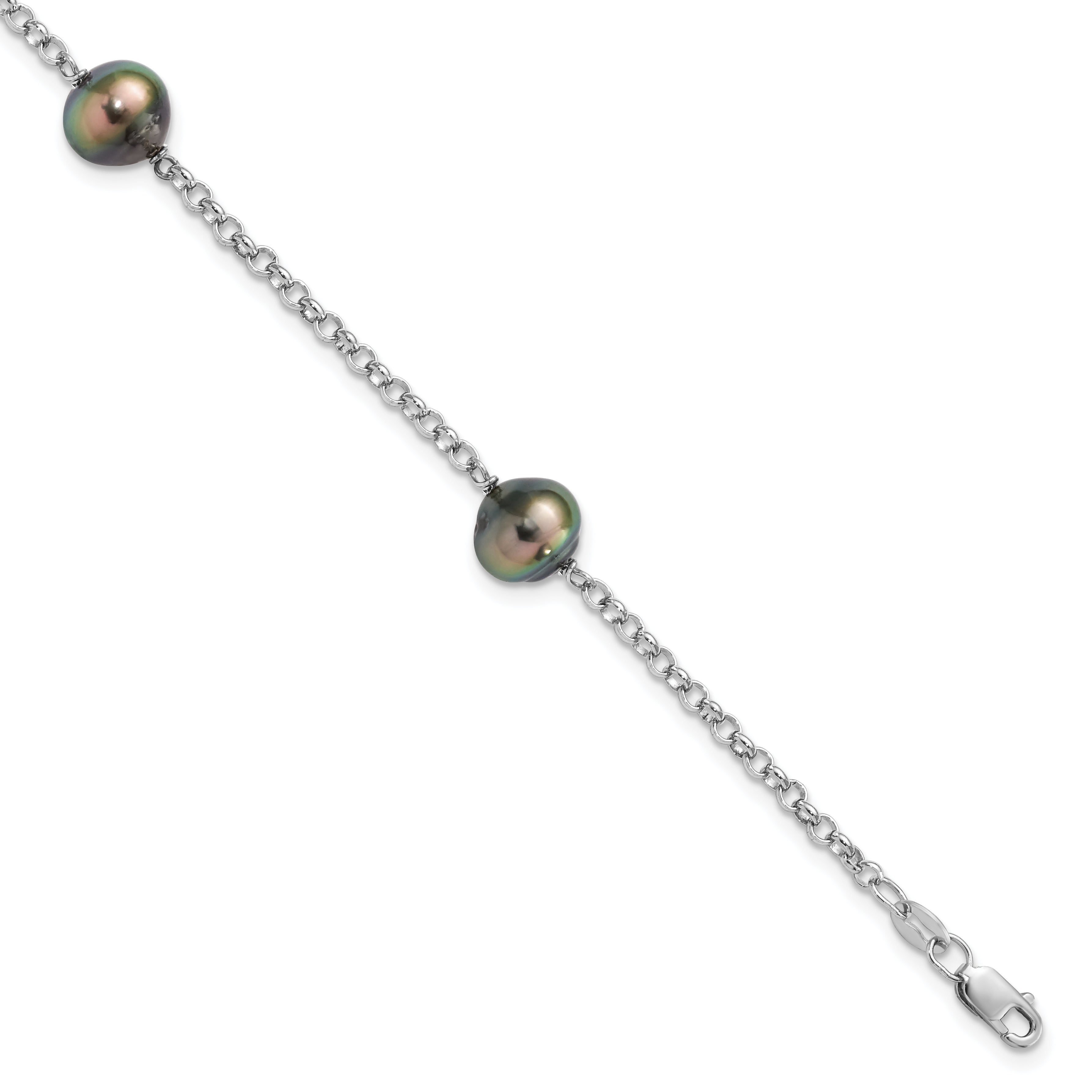 7.5 Inch Sterling Silver Rhodium 8-9mm Baroque 3Stat Tahit Saltwater Pearl Bracelet