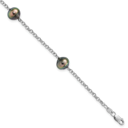 7.5 Inch Sterling Silver Rhodium 8-9mm Baroque 3Stat Tahit Saltwater Pearl Bracelet