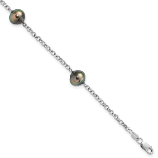 7.5 Inch Sterling Silver Rhodium 8-9mm Baroque 3Stat Tahit Saltwater Pearl Bracelet
