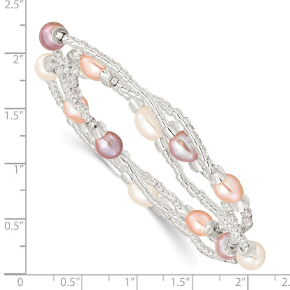 Fashion 6-8mm White/Pink/Purple Rice Freshwater Cultured Pearl And Glass Bead Stretch 3-Bracelet Set
