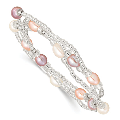 Fashion 6-8mm White/Pink/Purple Rice Freshwater Cultured Pearl And Glass Bead Stretch 3-Bracelet Set