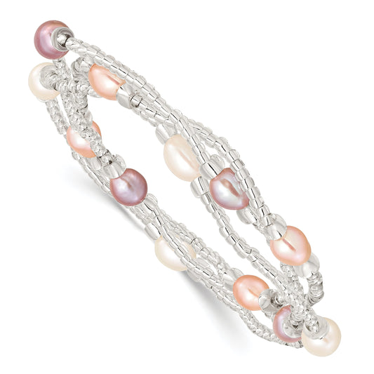 Fashion 6-8mm White/Pink/Purple Rice Freshwater Cultured Pearl And Glass Bead Stretch 3-Bracelet Set