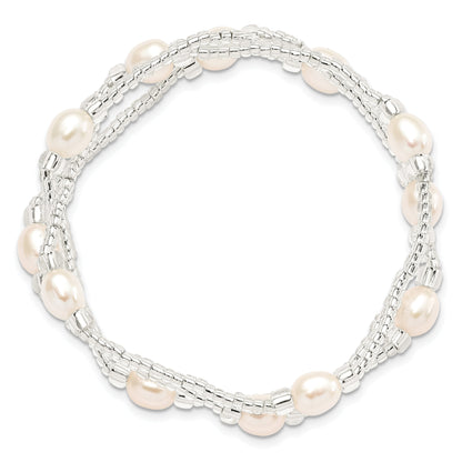 Fashion 6-8mm White Rice Freshwater Cultured Pearl And Glass Bead Stretch 3-Bracelet Set