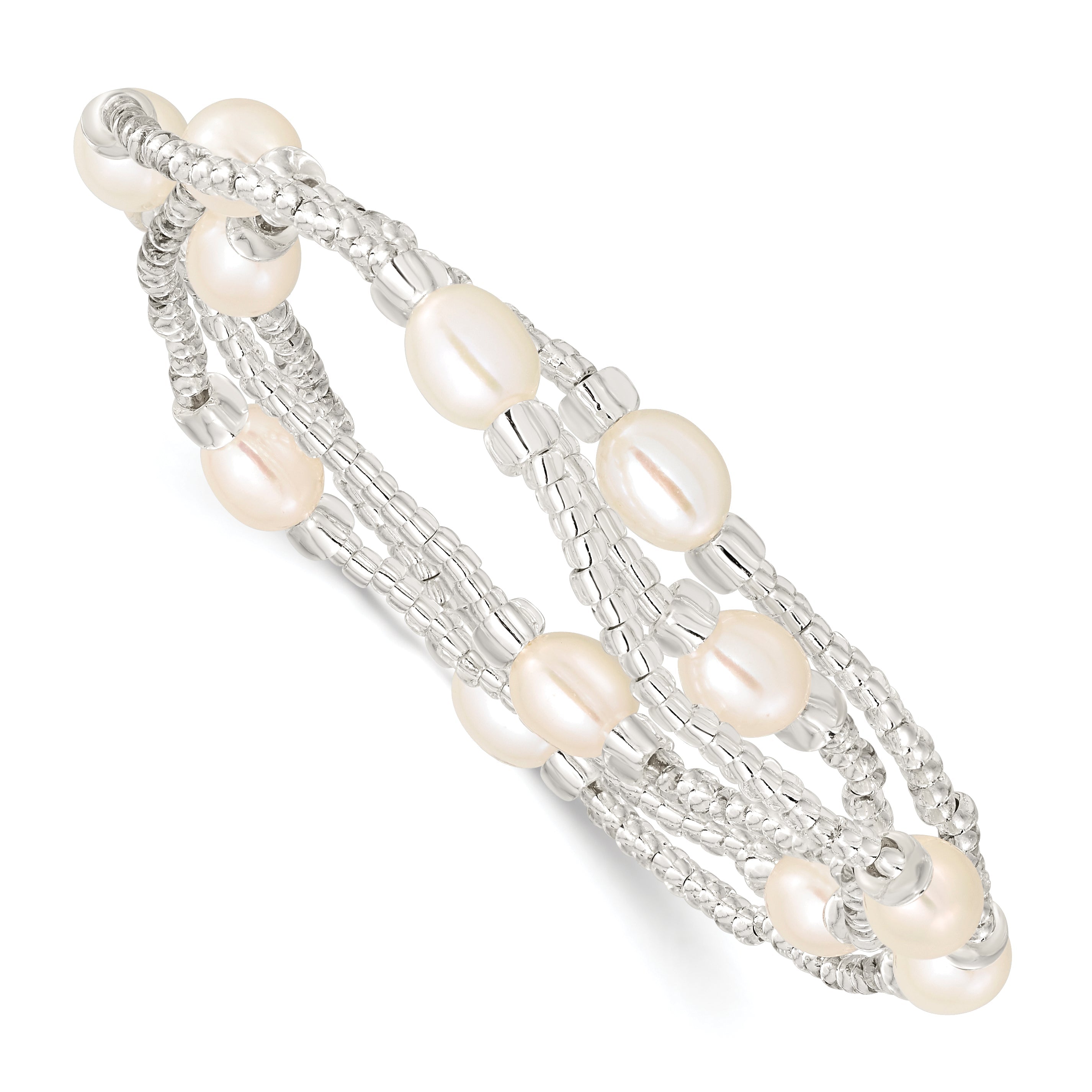 Fashion 6-8mm White Rice Freshwater Cultured Pearl And Glass Bead Stretch 3-Bracelet Set