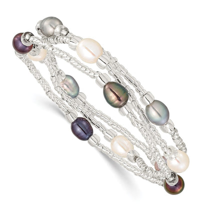 Fashion 6-8mm White/Black/Grey Rice Freshwater Cultured Pearl And Glass Bead Stretch 3-Bracelet Set