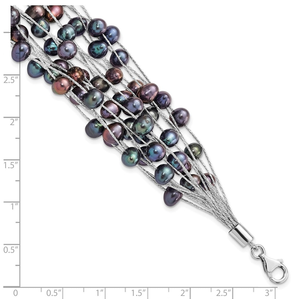 7.5 Inch Sterling Silver Rh-Pl 6-7mm Black Off-Round Fwc Pearl Multi-Strand Bracelet