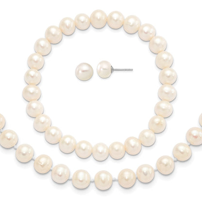 Sterling Silver Rh-P 7-8mm White Fwc Pearl Earring Bracelet Necklace Set