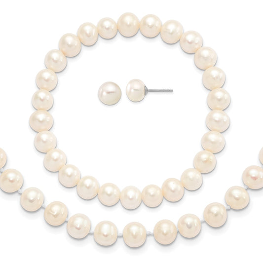 Sterling Silver Rh-P 7-8mm White Fwc Pearl Earring Bracelet Necklace Set
