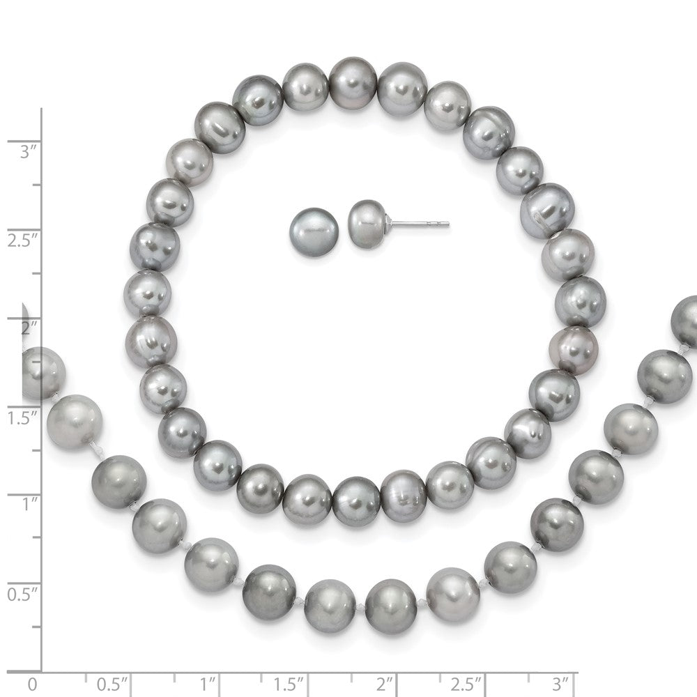 Sterling Silver Rh-P 7-8mm Grey Fwc Pearl Earring Bracelet Necklace Set