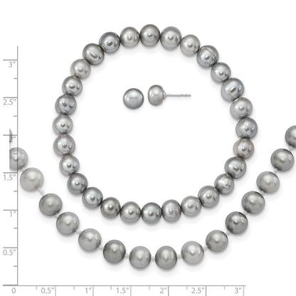Sterling Silver Rh-P 7-8mm Grey Fwc Pearl Earring Bracelet Necklace Set