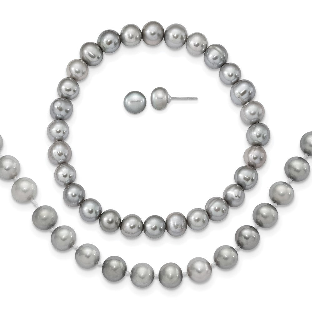 Sterling Silver Rh-P 7-8mm Grey Fwc Pearl Earring Bracelet Necklace Set