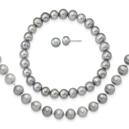 Sterling Silver Rh-P 7-8mm Grey Fwc Pearl Earring Bracelet Necklace Set