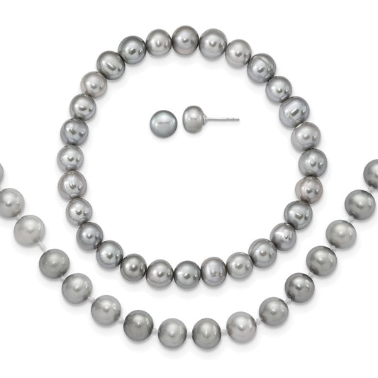 Sterling Silver Rh-P 7-8mm Grey Fwc Pearl Earring Bracelet Necklace Set