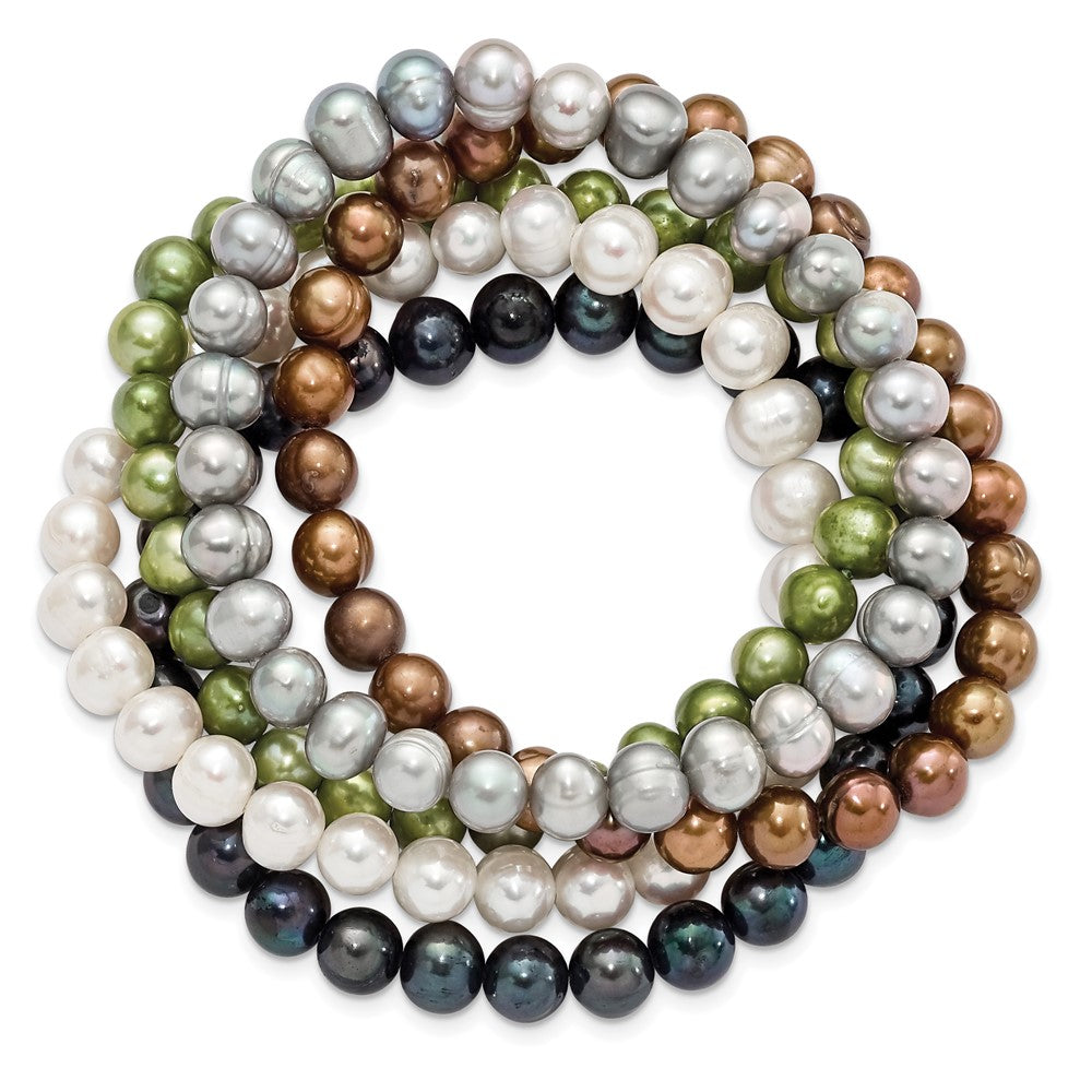Fashion 6-7mm Green/Grey/White/Black/Brown Freshwater Cultured Pearl Stretch 5-Piece Bracelet Set