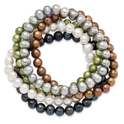 Fashion 6-7mm Green/Grey/White/Black/Brown Freshwater Cultured Pearl Stretch 5-Piece Bracelet Set