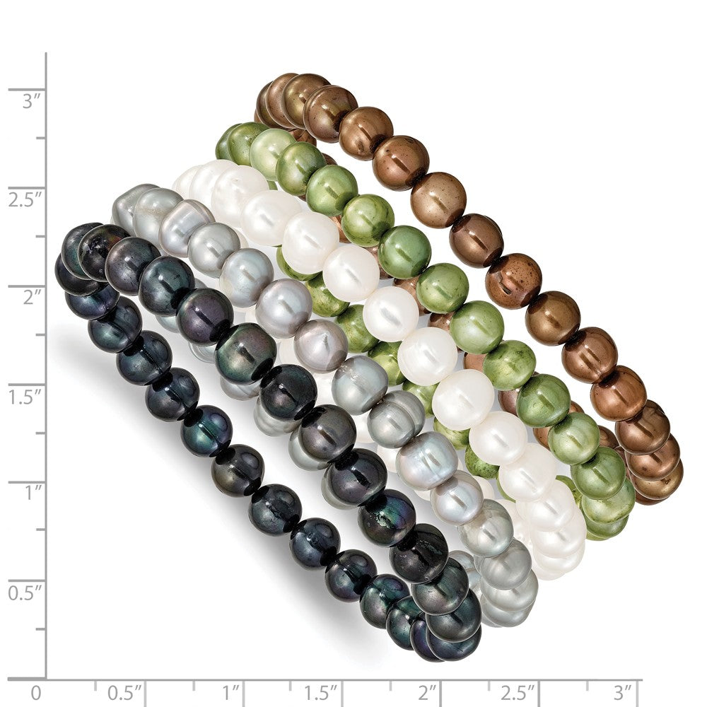 Fashion 6-7mm Green/Grey/White/Black/Brown Freshwater Cultured Pearl Stretch 5-Piece Bracelet Set