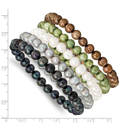 Fashion 6-7mm Green/Grey/White/Black/Brown Freshwater Cultured Pearl Stretch 5-Piece Bracelet Set