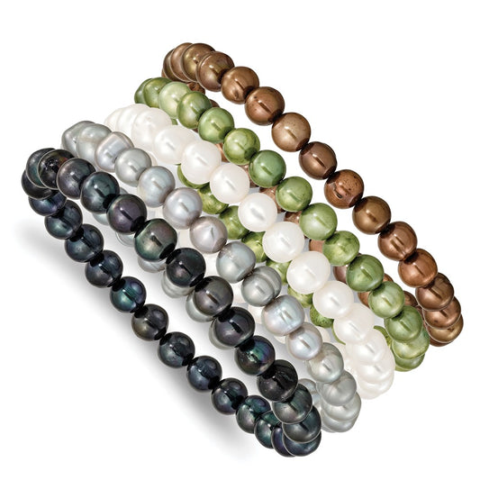 Fashion 6-7mm Green/Grey/White/Black/Brown Freshwater Cultured Pearl Stretch 5-Piece Bracelet Set