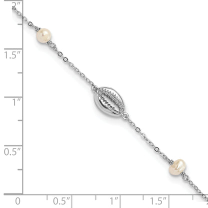 7.5 Inch Sterling Silver Rhodium-Plated Cowrie Shell & Semi-Round Fwc Pearl Bracelet