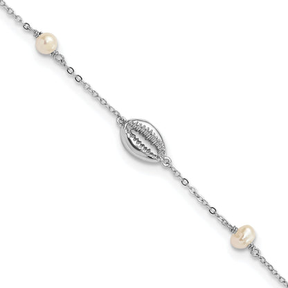 7.5 Inch Sterling Silver Rhodium-Plated Cowrie Shell & Semi-Round Fwc Pearl Bracelet