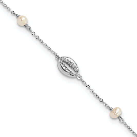7.5 Inch Sterling Silver Rhodium-Plated Cowrie Shell & Semi-Round Fwc Pearl Bracelet
