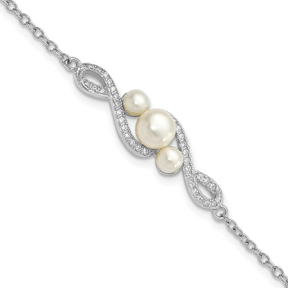 9 Inch Sterling Silver Rh-Pl Cz 4-7mm White Button Fwc Pearl W/ 2In Ext. Bracelet
