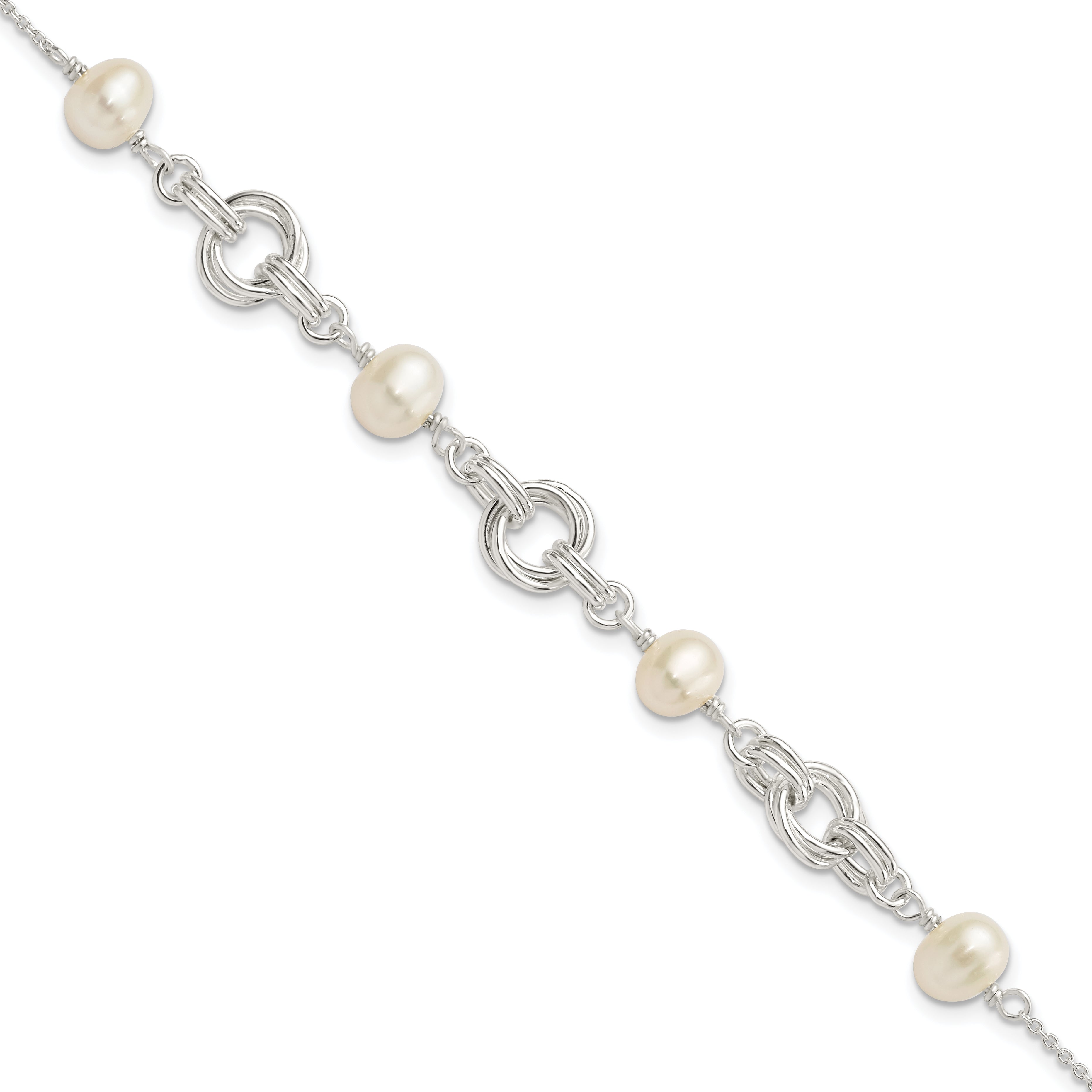 7.25 Inch Sterling Silver Polished Glass Pearl W/ 1 In Ext. Bracelet