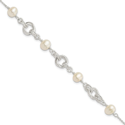 7.25 Inch Sterling Silver Polished Glass Pearl W/ 1 In Ext. Bracelet