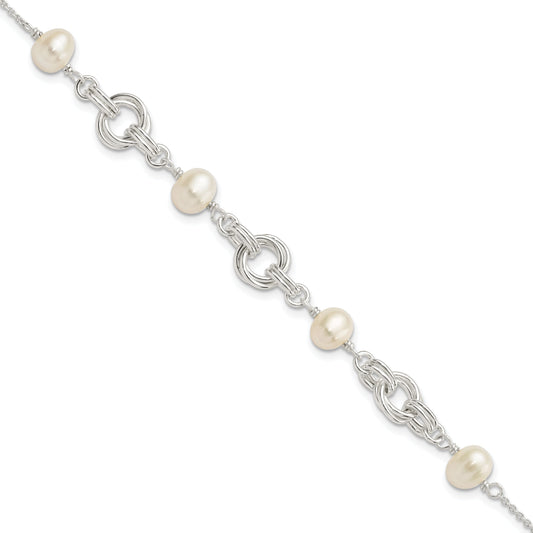 7.25 Inch Sterling Silver Polished Glass Pearl W/ 1 In Ext. Bracelet