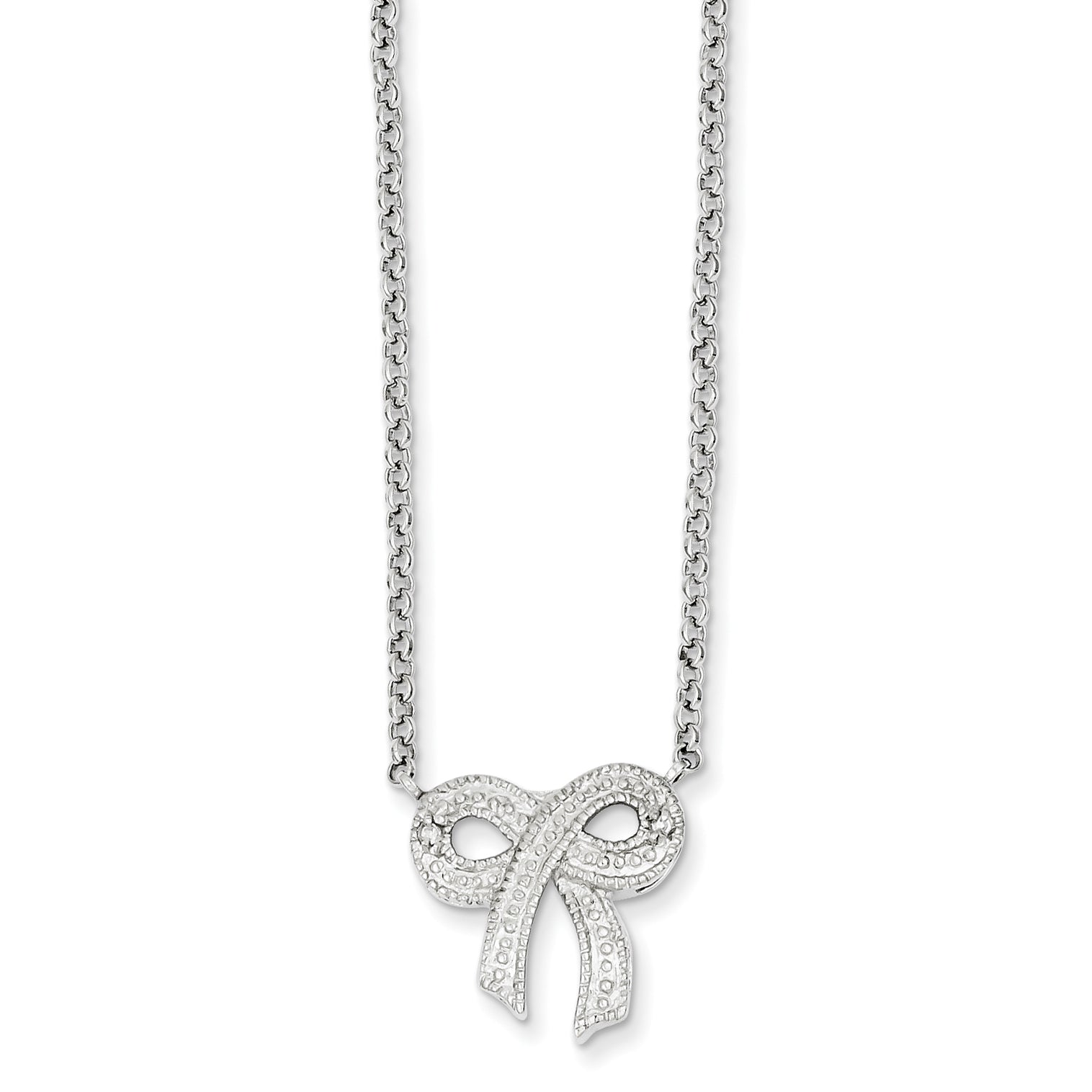 16.00 Inch Sterling Silver Cz Bow On Rolo Chain Necklace
