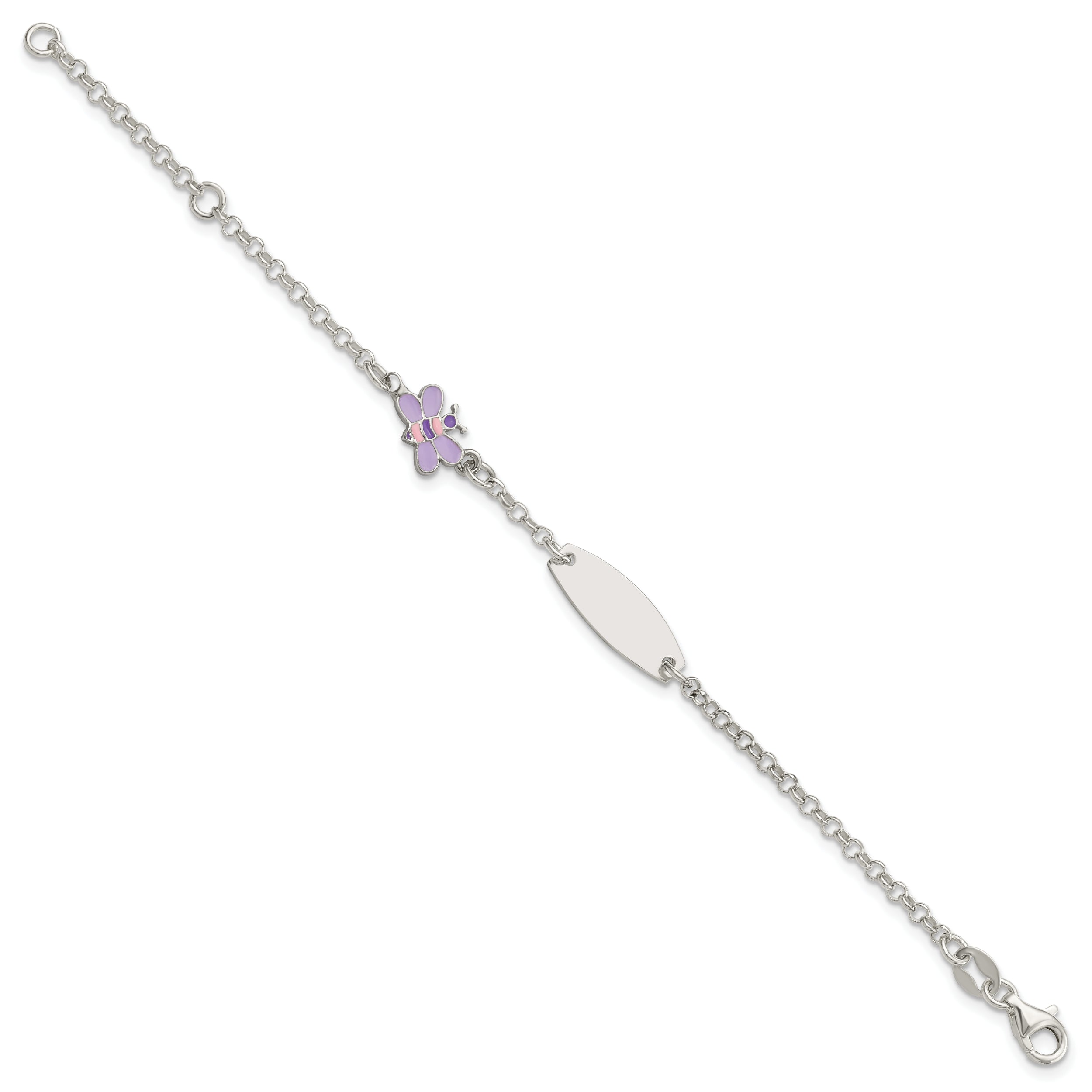 6 Inch Sterling Silver Childrens Enameled Butterfly 5In Plus 1In Ext Id Bracelet