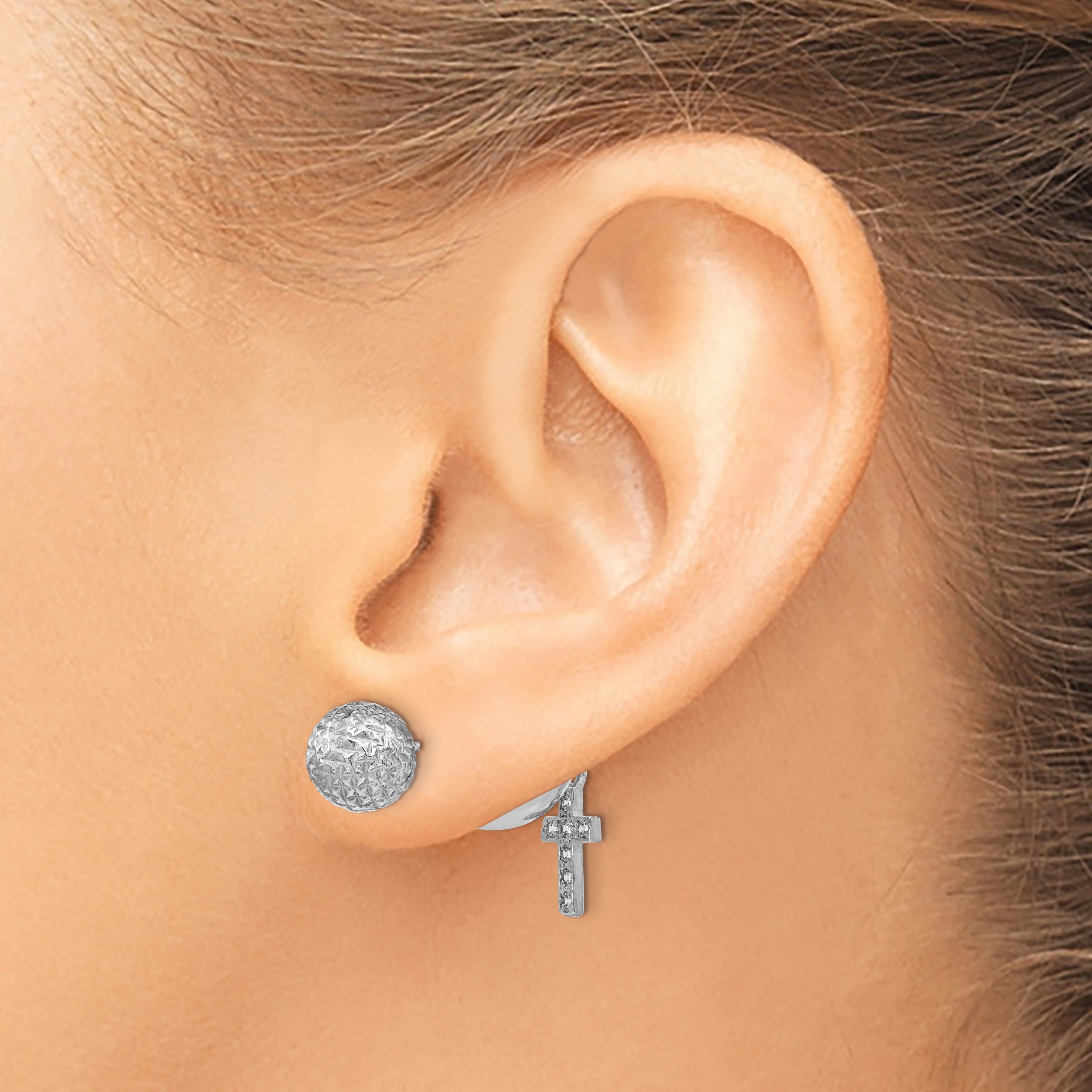 Sterling Silver Rhodium-Plated Cz Cross Front And Back Earrings