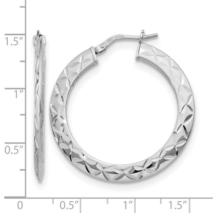 Sterling Silver Rh Plated Polished & D/C Hoop Earrings