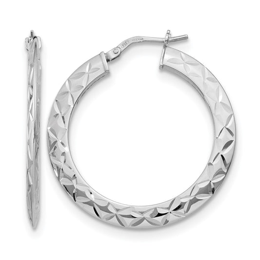 Sterling Silver Rh Plated Polished & D/C Hoop Earrings
