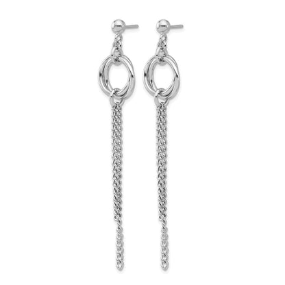 Sterling Silver Rh Plated Polished Circle Drop Chain Post Earrings