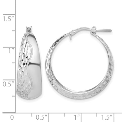 Sterling Silver Rhodium Plated Polished And Textured Hoop Earrings