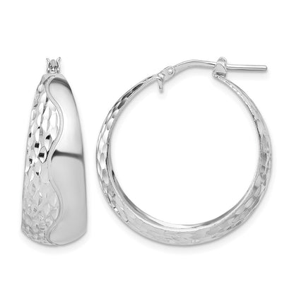 Sterling Silver Rhodium Plated Polished And Textured Hoop Earrings