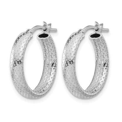 Sterling Silver Rhodium Plated Polished And Textured Hoop Earrings