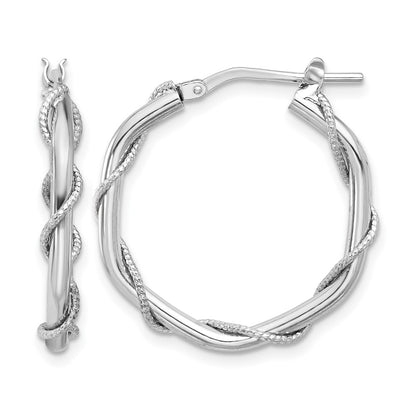Sterling Silver Rh Plated Polished/Textured/Twisted Hoop Earrings