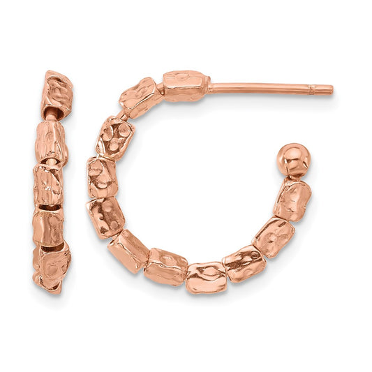 Rose Plated Sterling Silver Gold Plat Polished/Hammered J Hoop Earrings