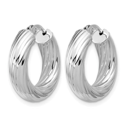 Sterling Silver Rh Plat Polish/Grooved Round Hoop Earrings