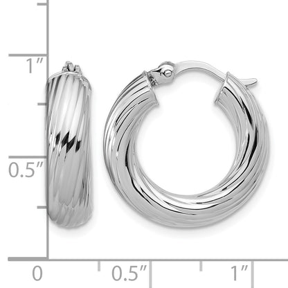 Sterling Silver Rh Plat Polish/Grooved Round Hoop Earrings